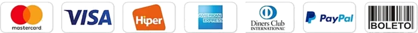 Formas de pagamento disponíveis: Mastercard, Visa, Hiper, American Express, Diners Club, PayPal e boleto