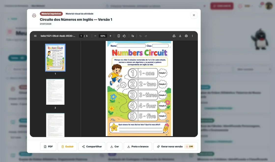 Exemplo de material imprimível gerado no Plano Escola
