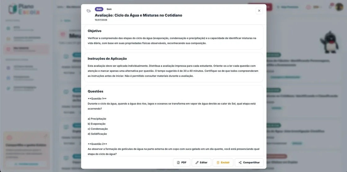 Exemplo de quiz gerado no Plano Escola