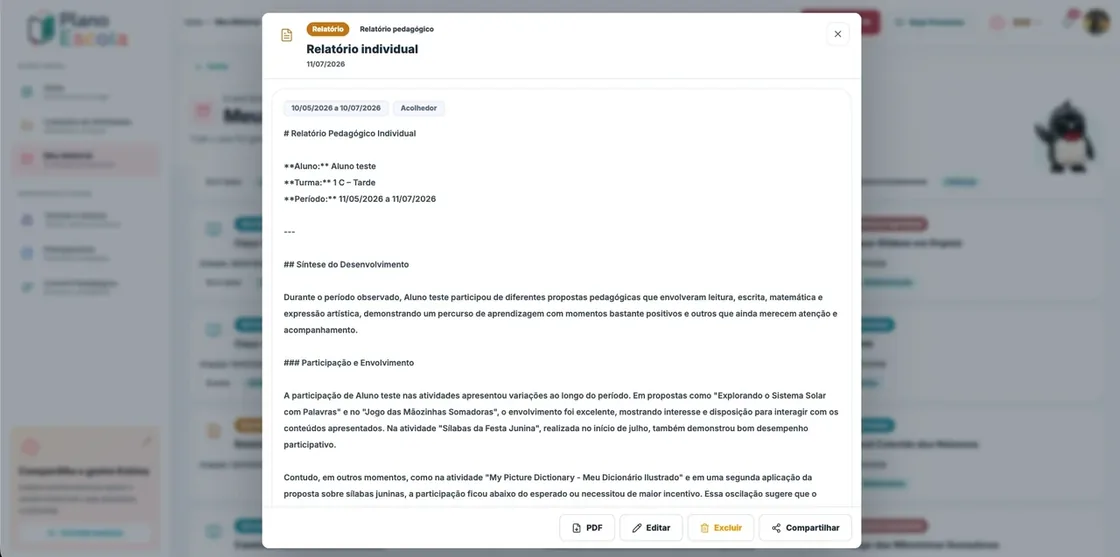 Exemplo de relatório gerado no Plano Escola