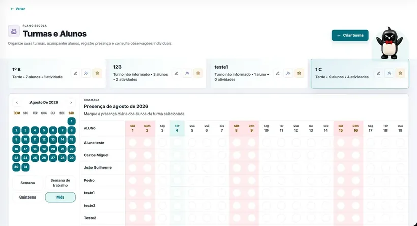 Tela de chamada da turma no Plano Escola