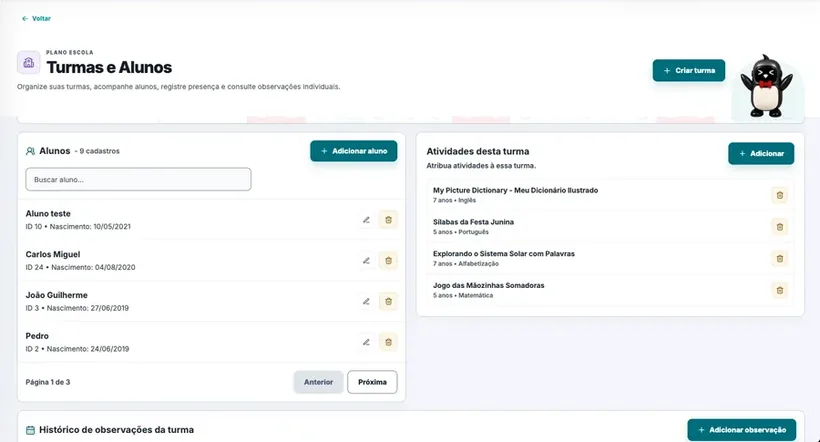 Detalhes de turma e alunos no Plano Escola